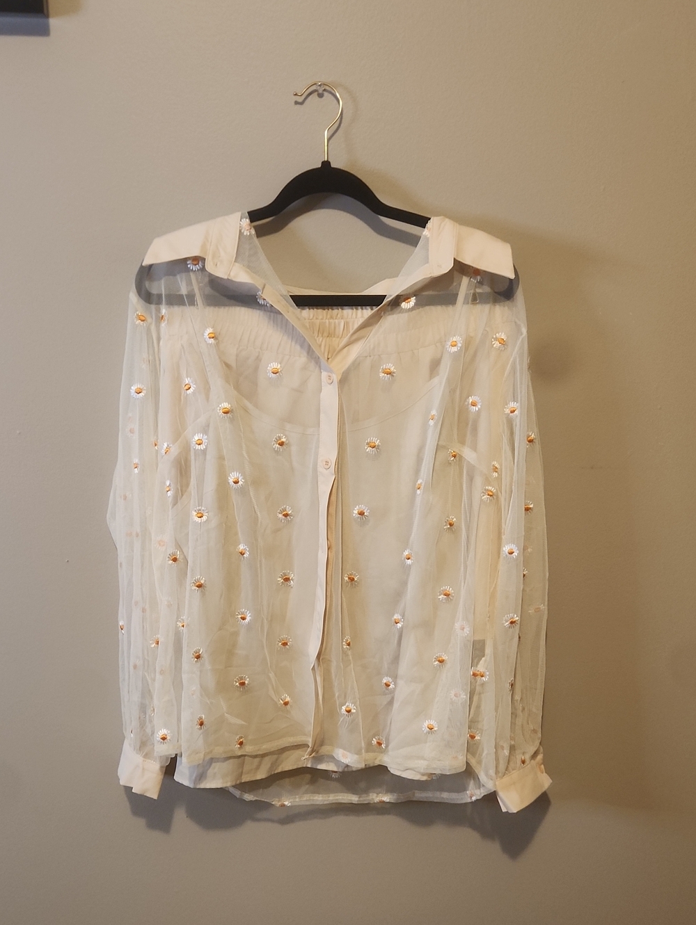 Sheer Ivory Daisy Embroidered Button-Up Blouse